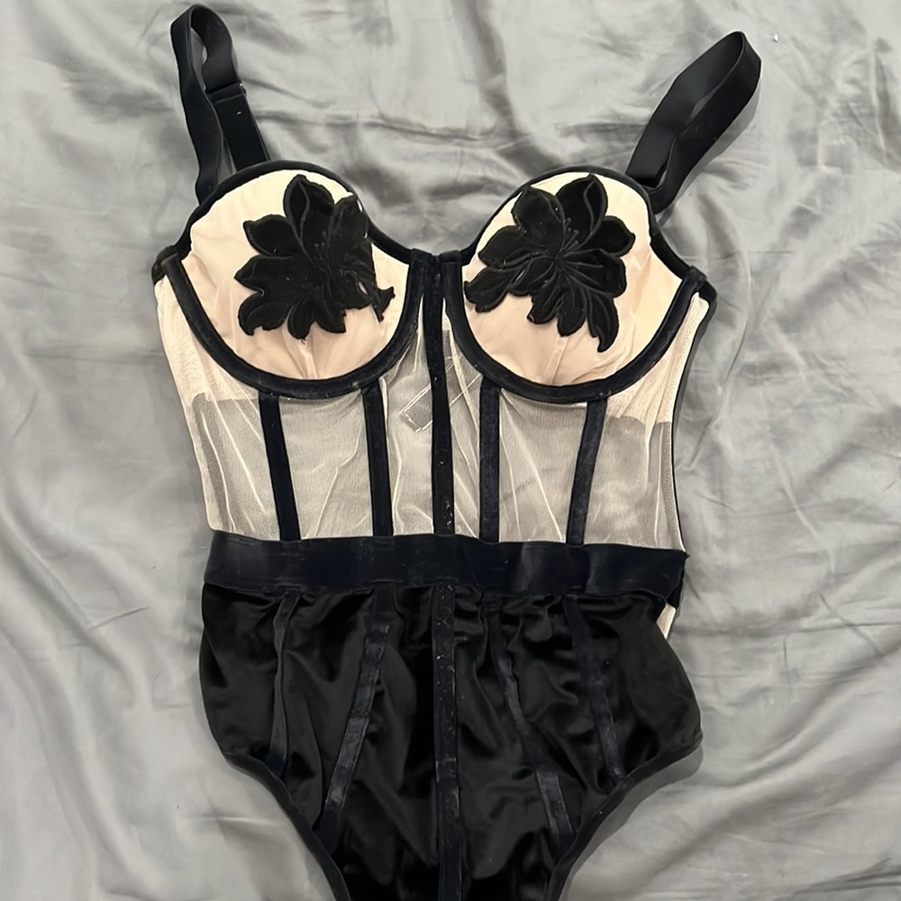 Nude Mesh & Black Velvet Teddy